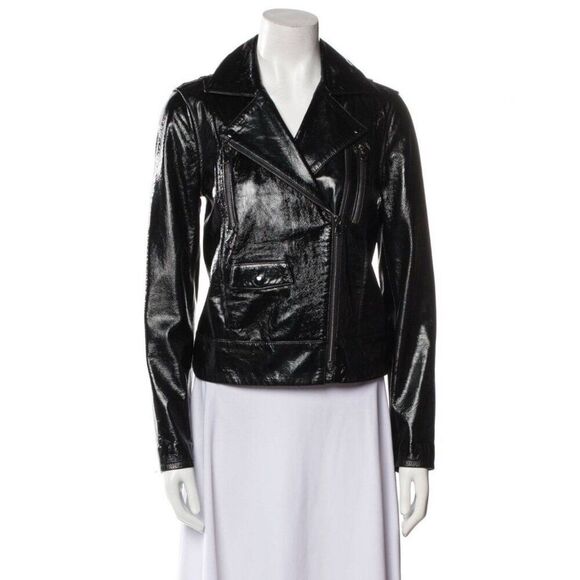 Frame Authentic Solid Black Shine Genuine Lamb Leather Biker Moto Jacket Small - Picture 1 of 8